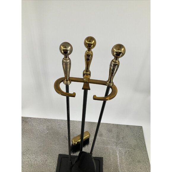 Mid-Century Modern Brass and Iron Fireplace Tool Set 3 Piece w/ stand USA - Picture 7 of 12